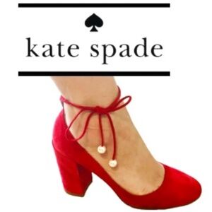 Kate Spade New York Suede Red Block Heels Ankle Strap Faux Pearl